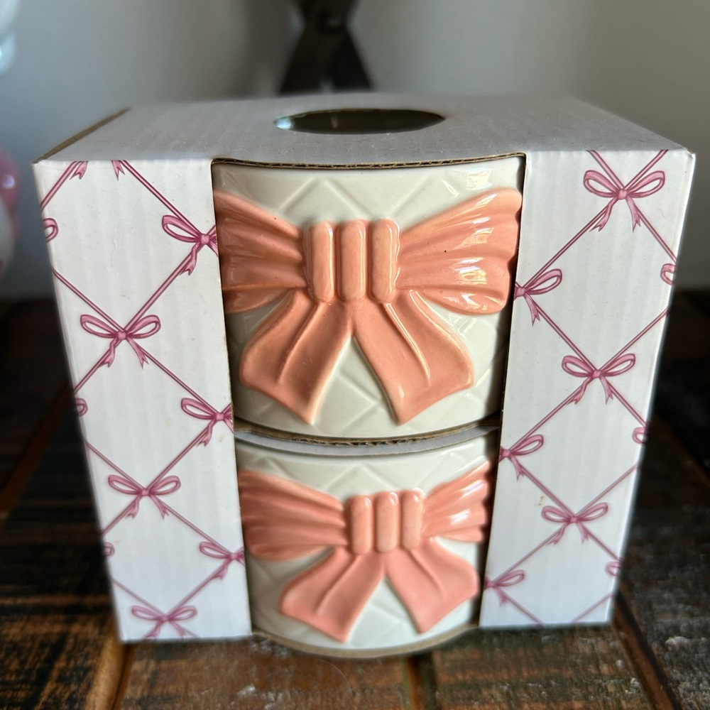 The Bakeshop PINK BOW Ramekin Bowl Set of 2 Coquette Shabby Chic NEW